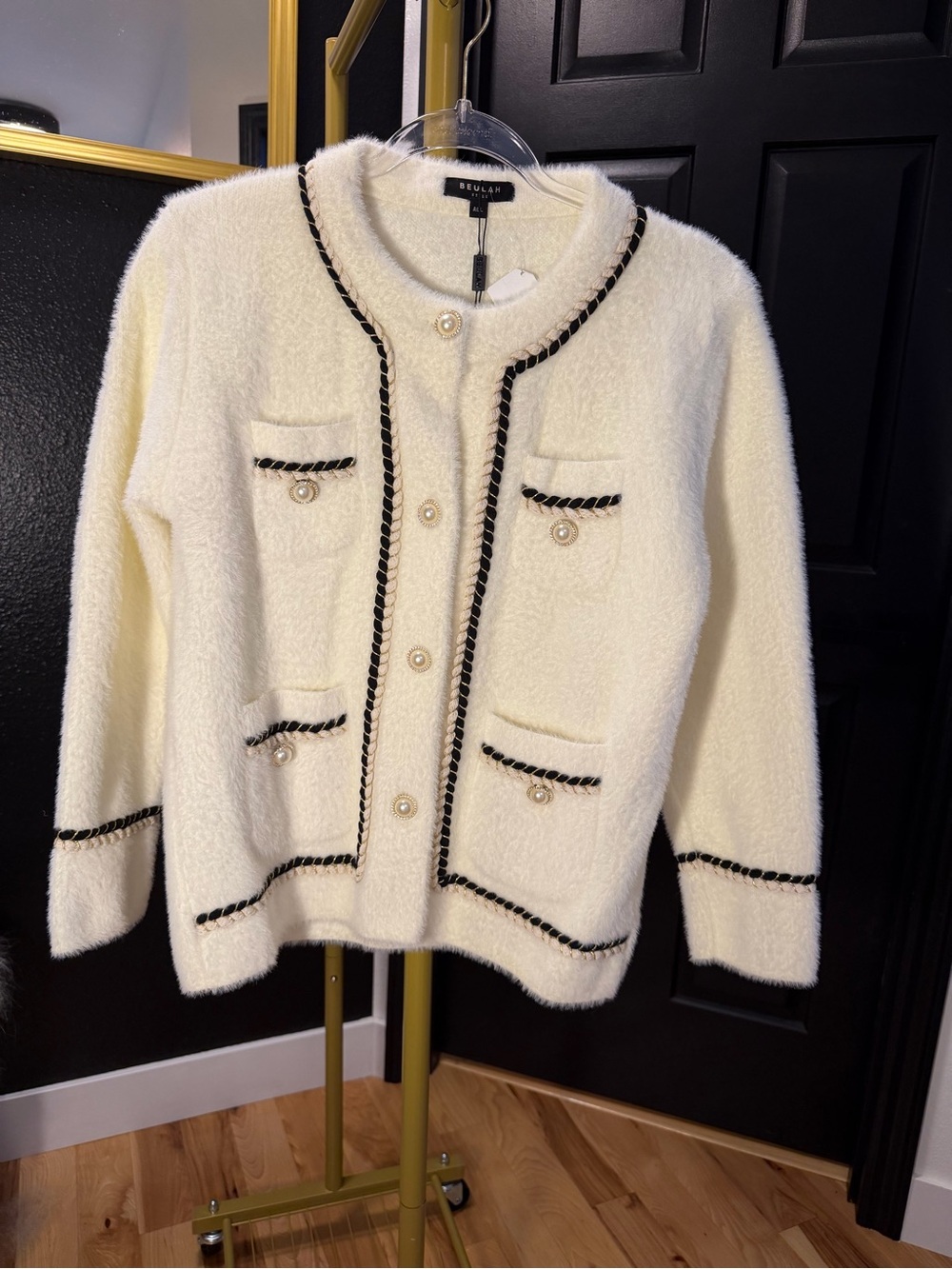 Beulah Ivory Bouclé Cardigan with Black Trim